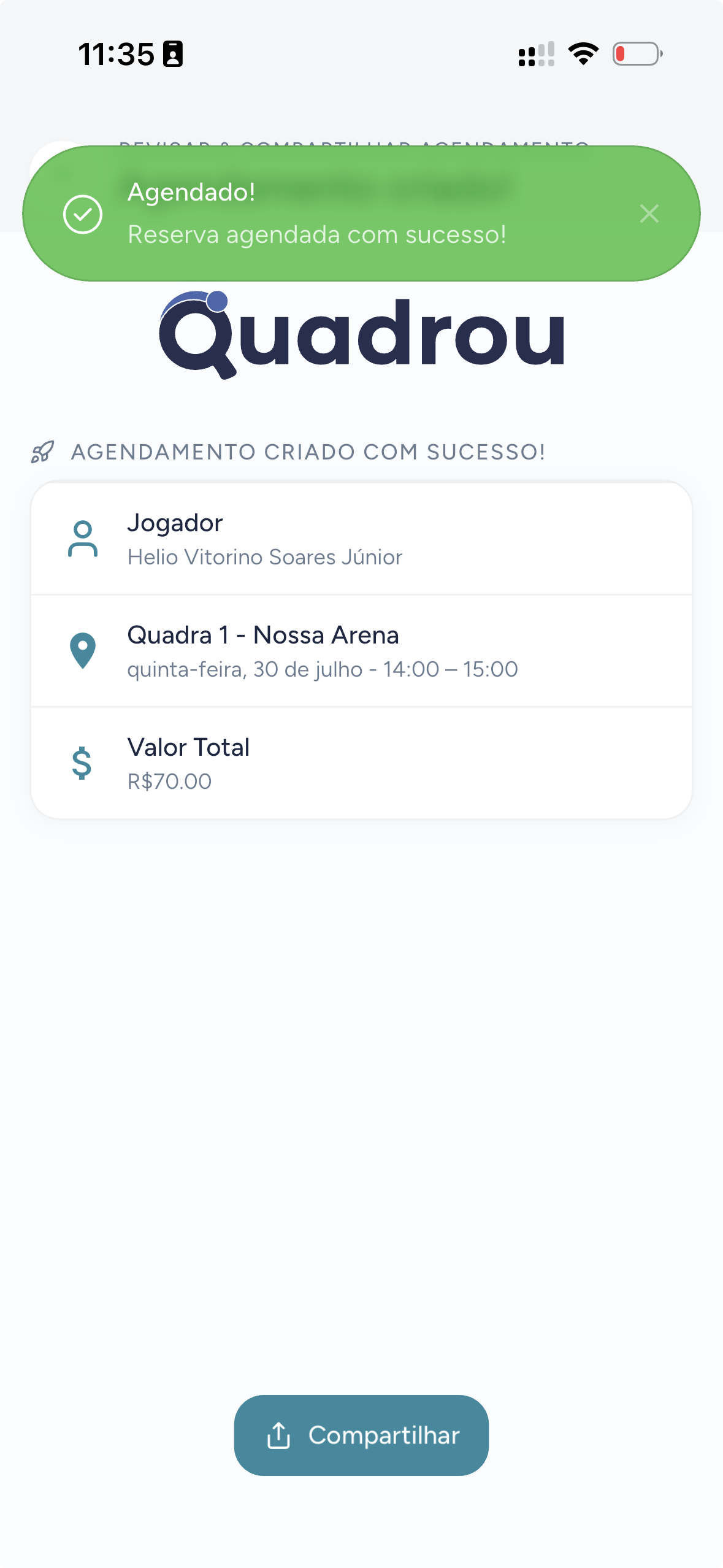 Reserva confirmada na hora